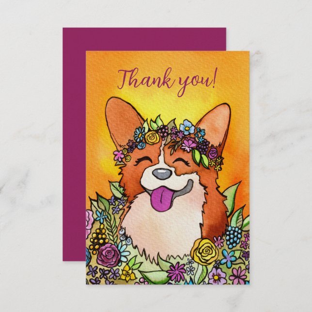 Cartão De Agradecimento Feliz Corgi Com Flores (Frente/Verso)