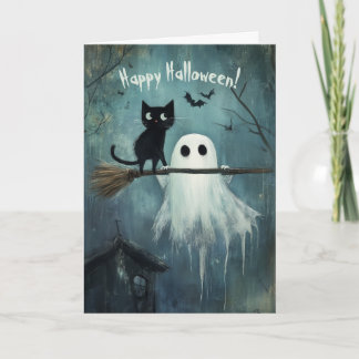 Cartão De Agradecimento Feliz Halloween Cat e Ghost voando com uma vassour