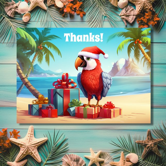 Cartão De Agradecimento Feliz Natal Tropical de Praia Tropical de Papagaio (Front - Cute Santa Parrot Tropical Beach Christmas Thank You Card)