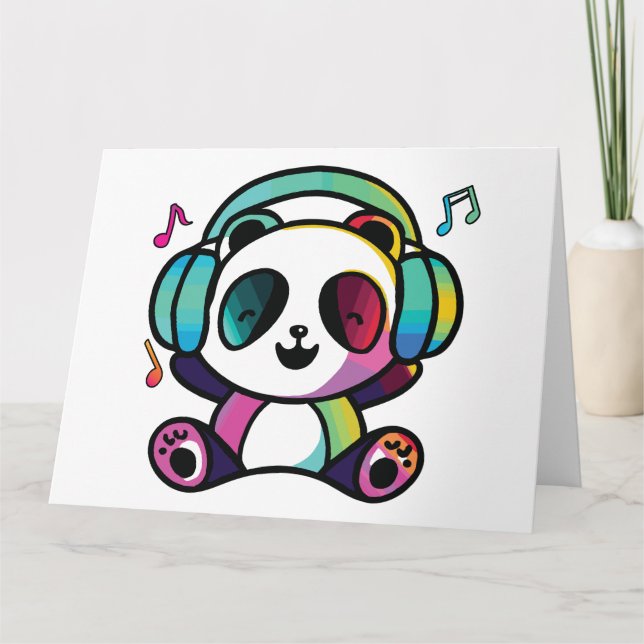 Cartão De Agradecimento Feliz Panda com fones de ouvido ouvindo música. (Frente)