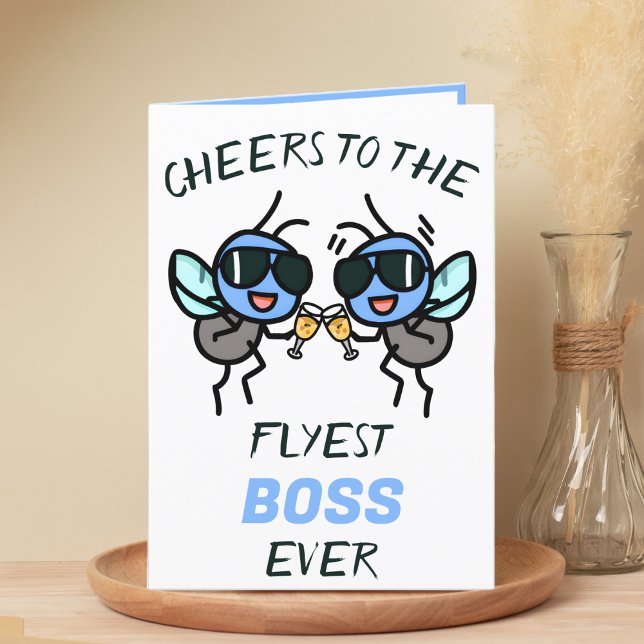 Cartão De Agradecimento Feliz Voo Engraçado Joga Saúde ao Pai Feliz Aniver (funny cheers to the flyest boss birthday card with 2 flies wearing sunglasses giving a toast)