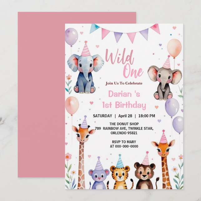 Cartão De Agradecimento Fera Um Animais Fofos Balão meninas 1º Aniversário (Frente/Verso)