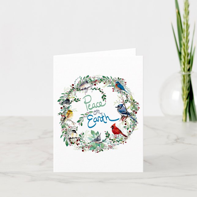 Cartão De Agradecimento Feriado De Férias De Pássaros Da Terra Ou (Peace On Earth Bird Wreath Holiday Or Thank You Card by Jenn Steffen Art.)