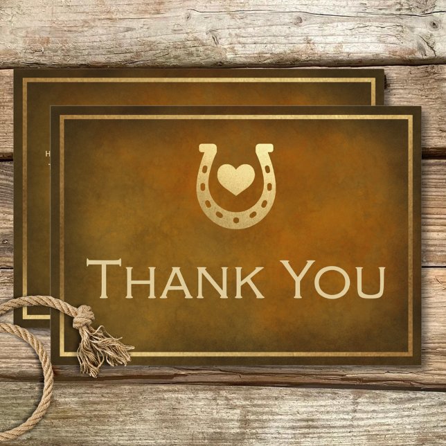 Cartão De Agradecimento Ferradura russa ocidental Brown e Casamento Dourad (Western Rustic Horseshoe Brown & Gold Wedding Thank You Card)