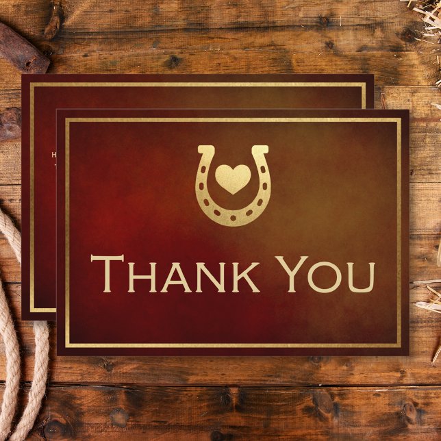 Cartão De Agradecimento Ferradura russa ocidental Burgundy e casamento Dou (Western Rustic Horseshoe Burgundy & Gold Wedding Thank You Card)