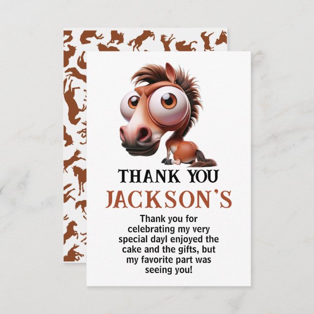 Cartão De Agradecimento Festa de 1º Aniversário das Caricaturas de Cavalo  (Frente/Verso)