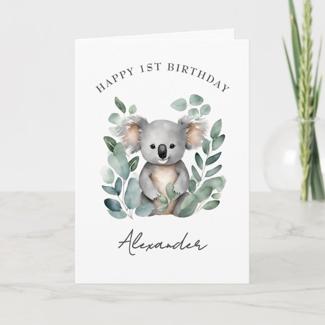 Cartão De Agradecimento Festa de 1º Aniversário dos Meninos Urso Koala  (Frente)