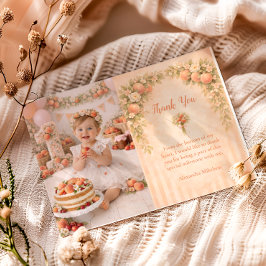 Cartão De Agradecimento Festa de 1º Aniversário Floral Pêssego