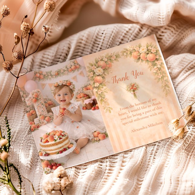 Cartão De Agradecimento Festa de 1º Aniversário Floral Pêssego (Criador carregado)