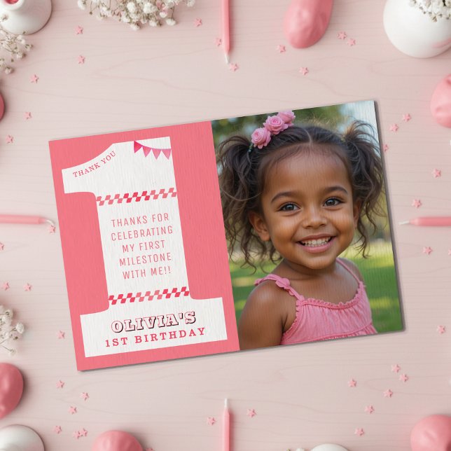 Cartão De Agradecimento Festa de 1º Aniversário Meninas Rosa Uma Foto (1st Birthday Party Girls Pink One Photo Thank You Card
)