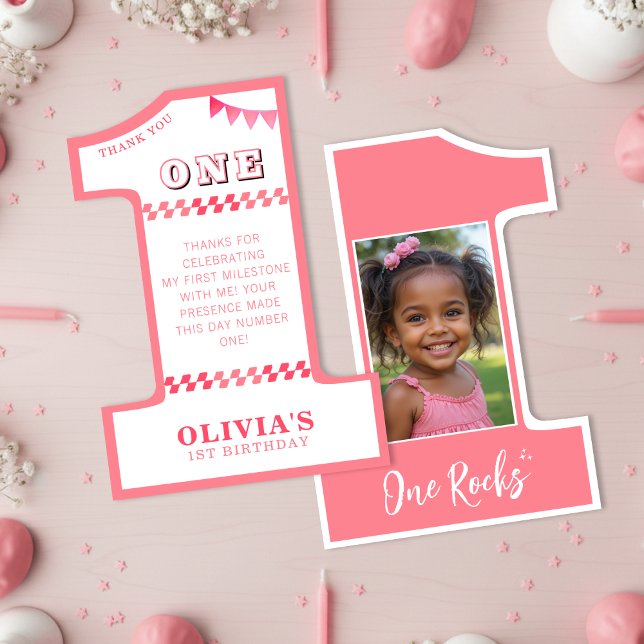 Cartão De Agradecimento Festa de 1º Aniversário Meninas Rosa Uma Foto (1st Birthday Party Girls Pink One Photo Thank You Card
)