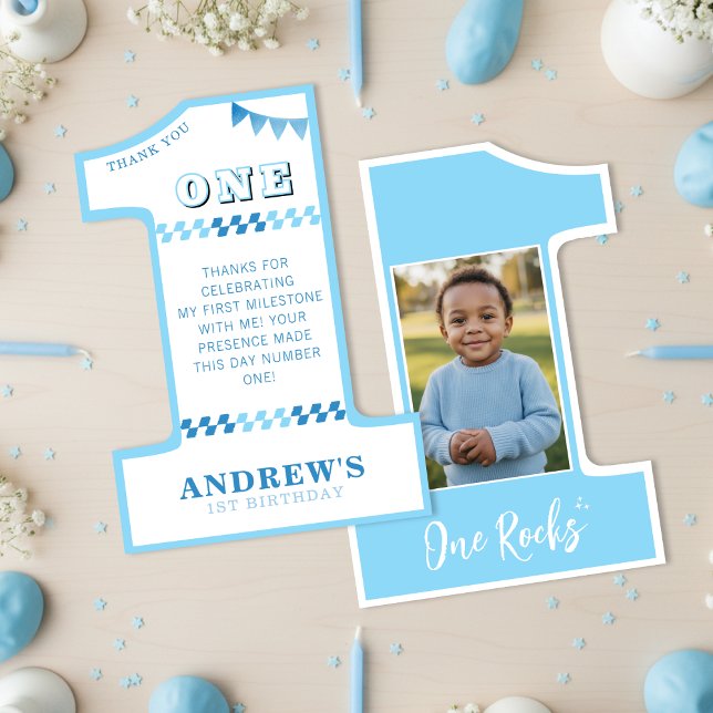Cartão De Agradecimento Festa de 1º Aniversário Meninos Azul Um Foto (1st Birthday Party Boys Blue One Photo Thank You Card
)