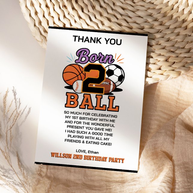 Cartão De Agradecimento Festa de 2º Aniversário do Menino Temática de Espo (Born 2 Ball Sports-Themed Boy 2nd Birthday Party Thank You Card)