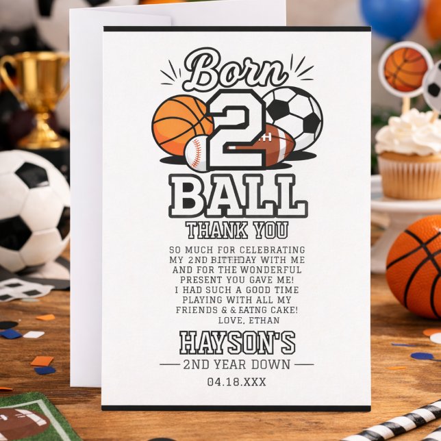 Cartão De Agradecimento Festa de 2 anos de idade tema esportes para menino (Born 2 Ball Sports Themed Boy 2nd Birthday Party Thank you card)