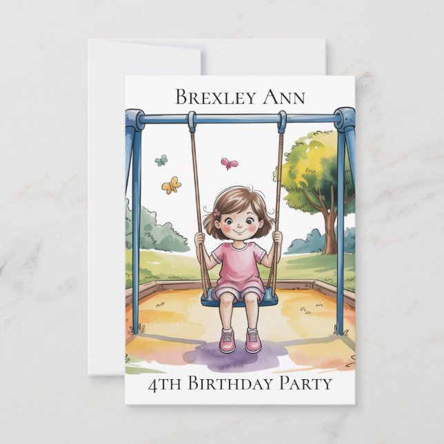 Cartão De Agradecimento Festa de 4 Anos da Menina no Balanço (Frente)