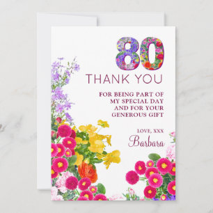 Cartão De Agradecimento festa de 80 de aniversário floral moderno de 80 an
