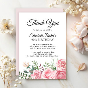 Cartão De Agradecimento Festa de 90 anos em rosa floral elegante