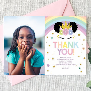 Cartão De Agradecimento Festa de Aniversário Afro Puff Unicórnio e Arco-ír