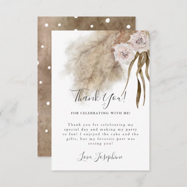 Cartão De Agradecimento Festa de aniversário Bohemian Pampas Grass Girl (Frente/Verso)