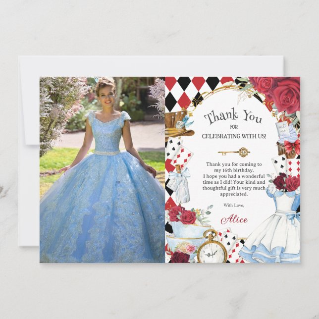 Cartão De Agradecimento Festa de Aniversário com Chá das Rosas da Alice no (Frente)