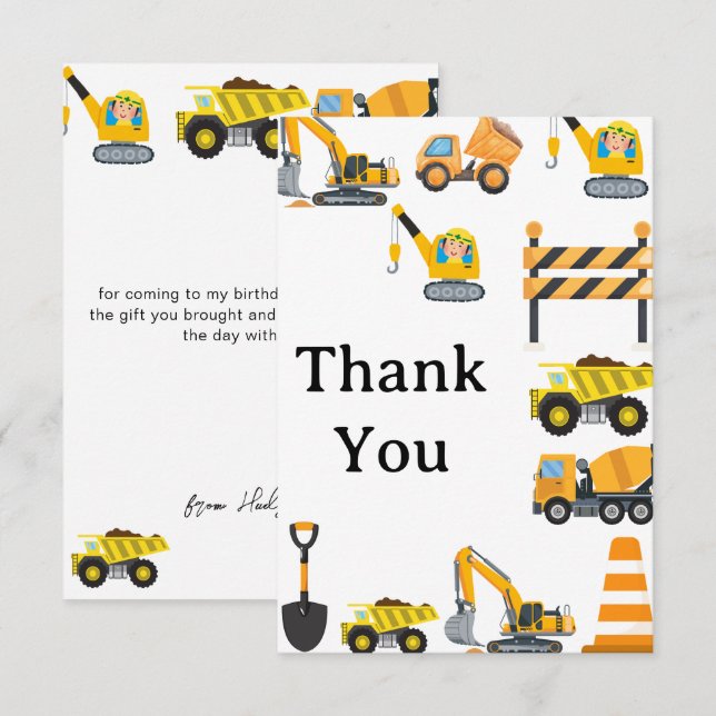 Cartão De Agradecimento Festa de Aniversário com Tema de Construção para M (Frente/Verso)