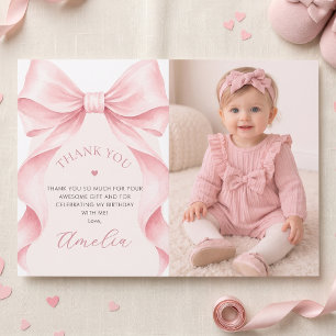 Cartão De Agradecimento Festa de Aniversário da Menina com Laço Rosa Coque