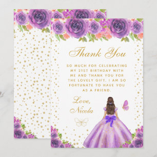 Cartão De Agradecimento Festa de Aniversário da Princesa de Cabelo Castanh