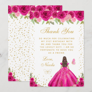Cartão De Agradecimento Festa de Aniversário da Princesa de Cabelo Castanh