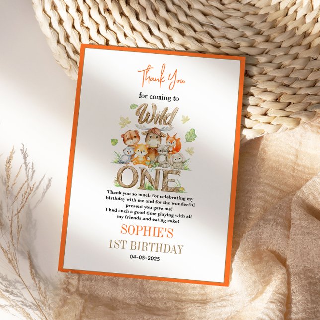 Cartão De Agradecimento Festa de Aniversário de 1 Ano do Animal Selvagem - (Wild One Animal 1st Birthday Party – Jungle Safari Thank You Card)