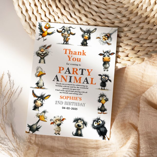 Cartão De Agradecimento Festa de Aniversário de 2 Anos com Animais Diverti (Whimsical Funny Animals 2nd Birthday Party Thank You Card)