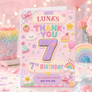 Cartão De Agradecimento Festa de Aniversário de 7 Anos Menina Arco-Íris Pa
