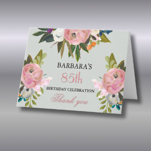 Cartão De Agradecimento Festa de Aniversário de 85 anos com Florais Pintad