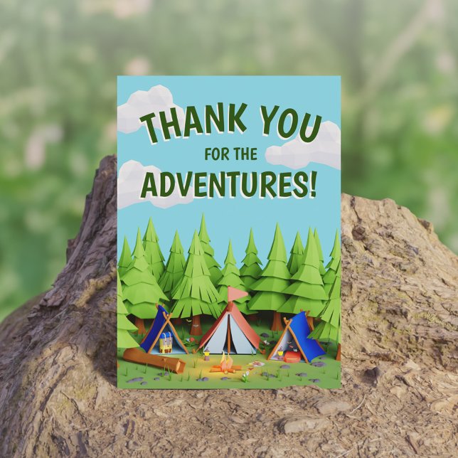 Cartão De Agradecimento Festa de Aniversário de Acampamento de Aventura pa (Pine Trees Kids Adventure Camping Birthday Party Thank You Card)
