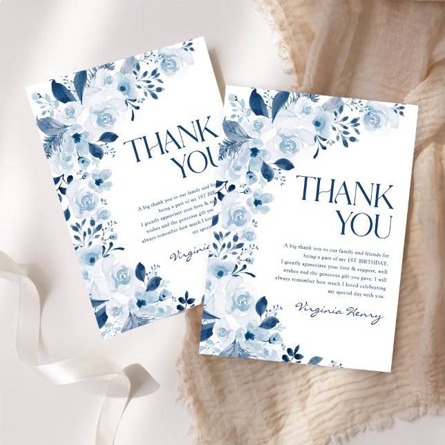 Cartão De Agradecimento Festa de Aniversário de Bebê Menina com Flores Sil (Criador carregado)