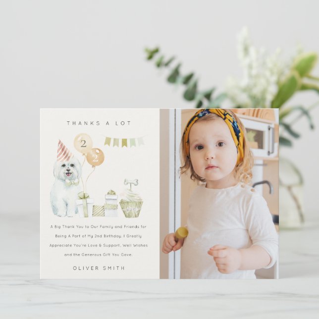 Cartão De Agradecimento Festa de Aniversário de Cachorro Verde Fofo para Q (Em pé/Frente)