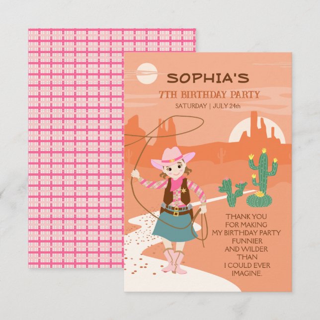 Cartão De Agradecimento Festa de Aniversário de Crianças Cowgirl com laço  (Frente/Verso)