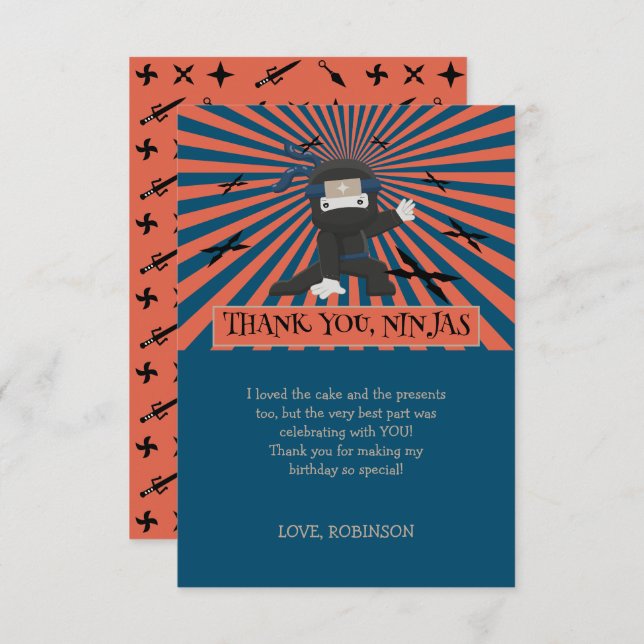Cartão De Agradecimento Festa de Aniversário de Crianças Ninja Guerreiras  (Frente/Verso)