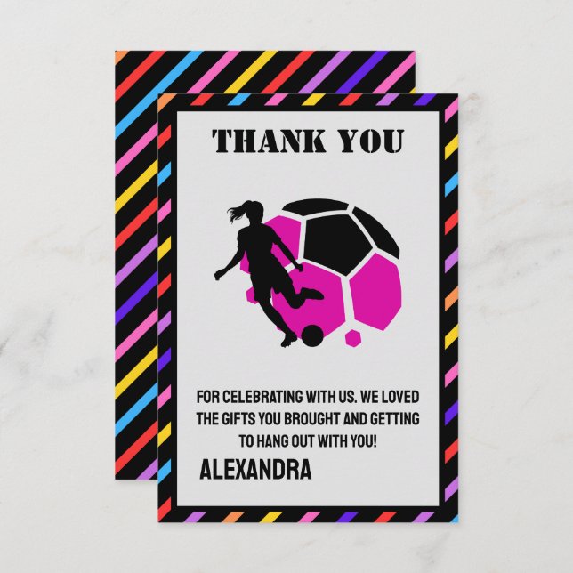 Cartão De Agradecimento Festa de Aniversário de Futebol, Jogadora de Futeb (Frente/Verso)