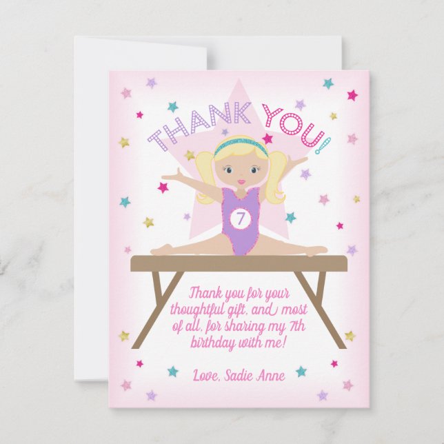 Cartão De Agradecimento Festa de aniversário de ginástica Cabelo loiro Obr (Frente)