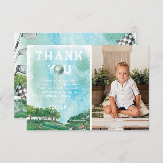 Cartão De Agradecimento Festa de aniversário de golfe | Foto Obrigado (Frente/Verso)