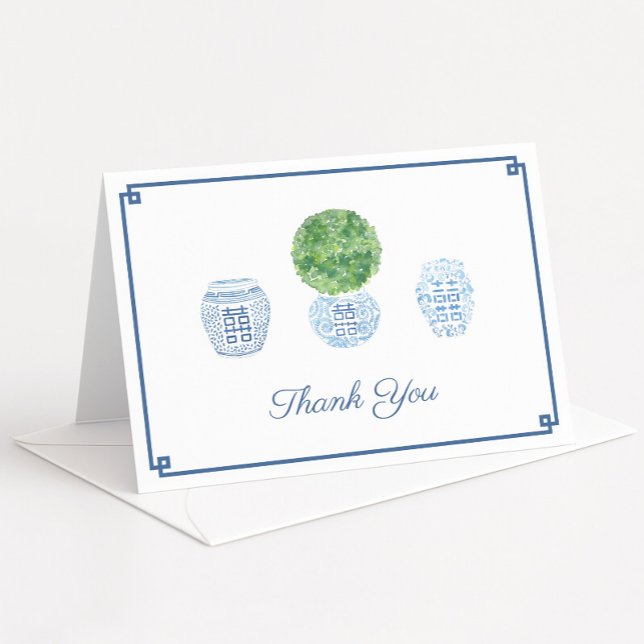 Cartão De Agradecimento Festa de aniversário de Jar de Ginger Topiary Clás (Watercolor preppy boxwood topiary with ginger jars folding thank you card design greek key border)