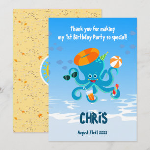 Cartão De Agradecimento Festa de Aniversário de Menino com Polvo Azul deba