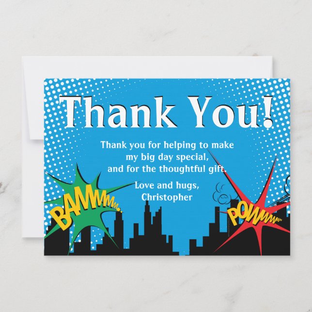 Cartão De Agradecimento Festa de Aniversário de Menino de Quadrinhos de Su (Frente)