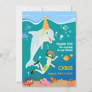 Cartão De Agradecimento Festa de aniversário de menino e golfinhos sob o m