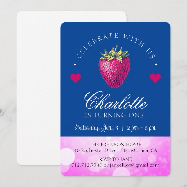 Cartão De Agradecimento Festa de Aniversário de Morango Menina Rosa e Azul (Frente/Verso)