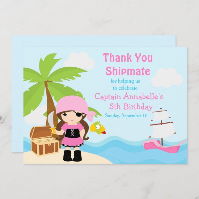 Cartão De Agradecimento Festa de aniversário de pirata de Brunette (Frente/Verso)