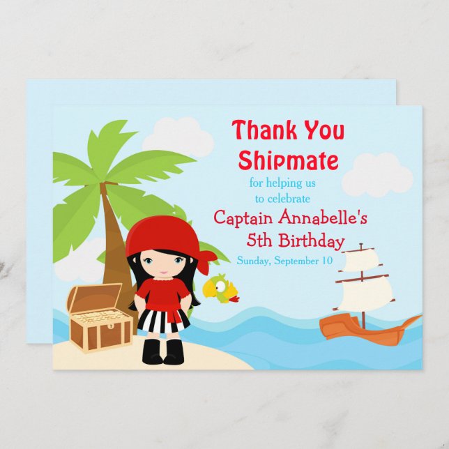 Cartão De Agradecimento Festa de aniversário de Pirata de Cabelo Negro (Frente/Verso)