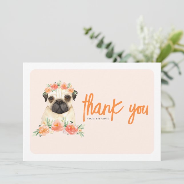 Cartão De Agradecimento Festa de aniversário de Pug e Flores de Pêssego de (Em pé/Frente)