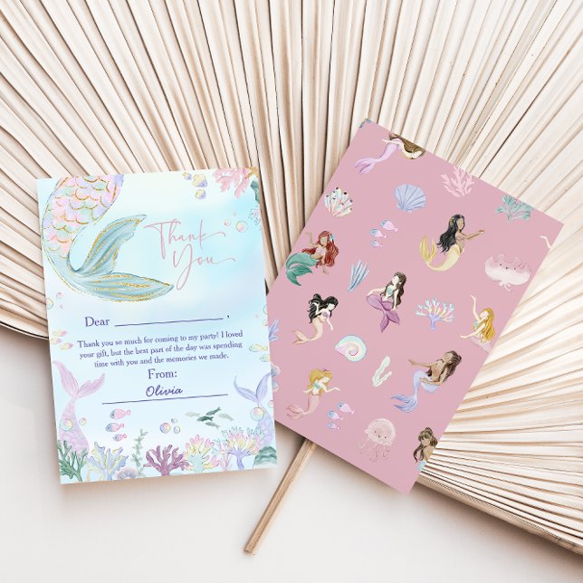 Cartão De Agradecimento Festa de aniversário de Sereia de Aquarela Whimsic (Criador carregado)