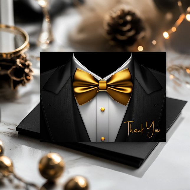 Cartão De Agradecimento Festa de Aniversário de Smoking Preto Dourado para (Black and gold tuxedo thank you cards for birthdays, corporate events, bachelor party, etc. )